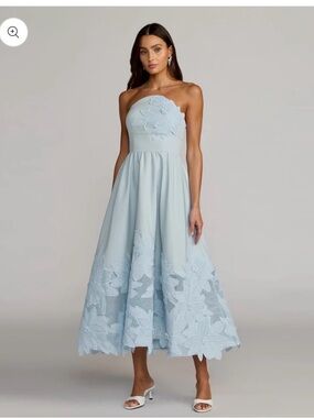 Mac Duggal Strapless Light Blue Floral-Appliqué Midi Dress